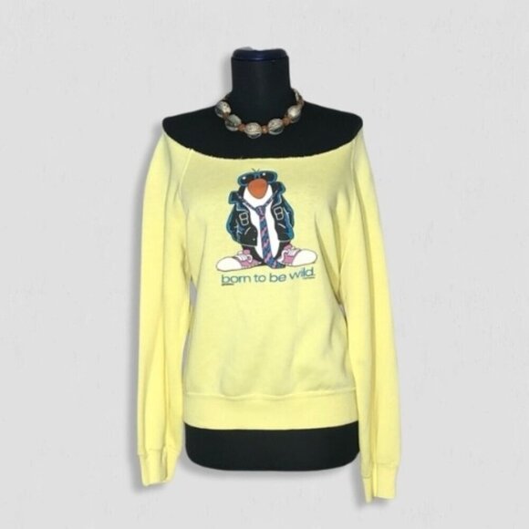 Vintage 90s Born to Be Wild Penguin Sweatshirt Yellow Medium - Picture 1 of 8